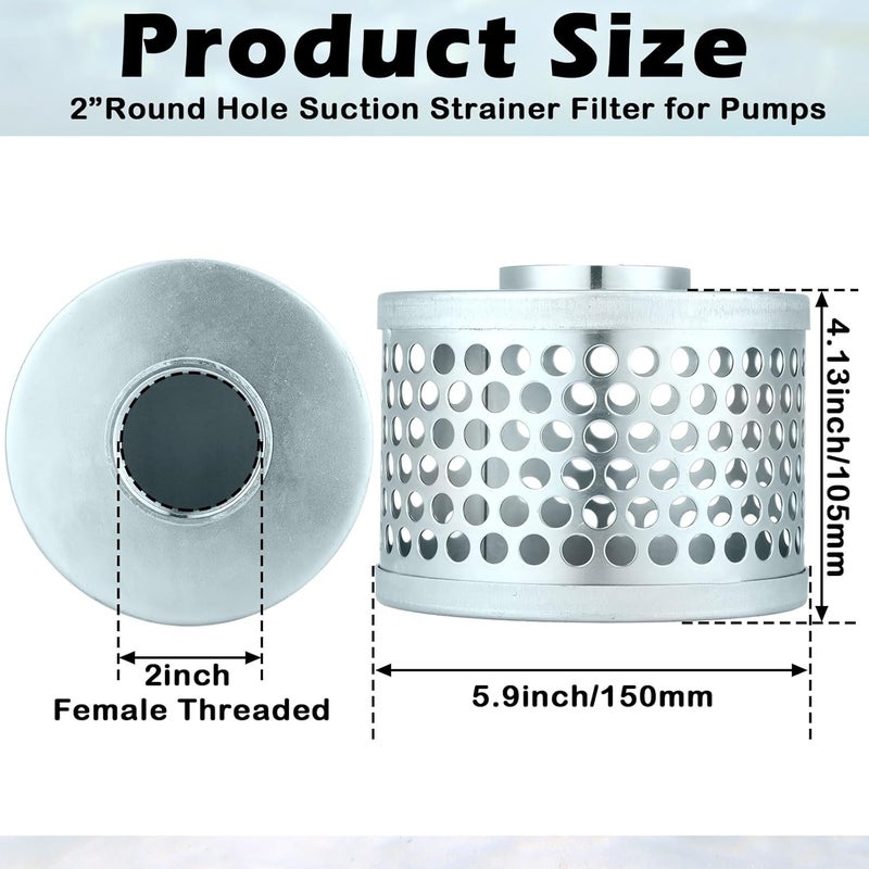 Tujoe 2 Inch Round Hole Suction Strainer Filter Carbon Steel Plated Npt Thread Hose Water Pump Inlet Strainer for Remove Debris Trash Reduces Solids Entering - Image 2
